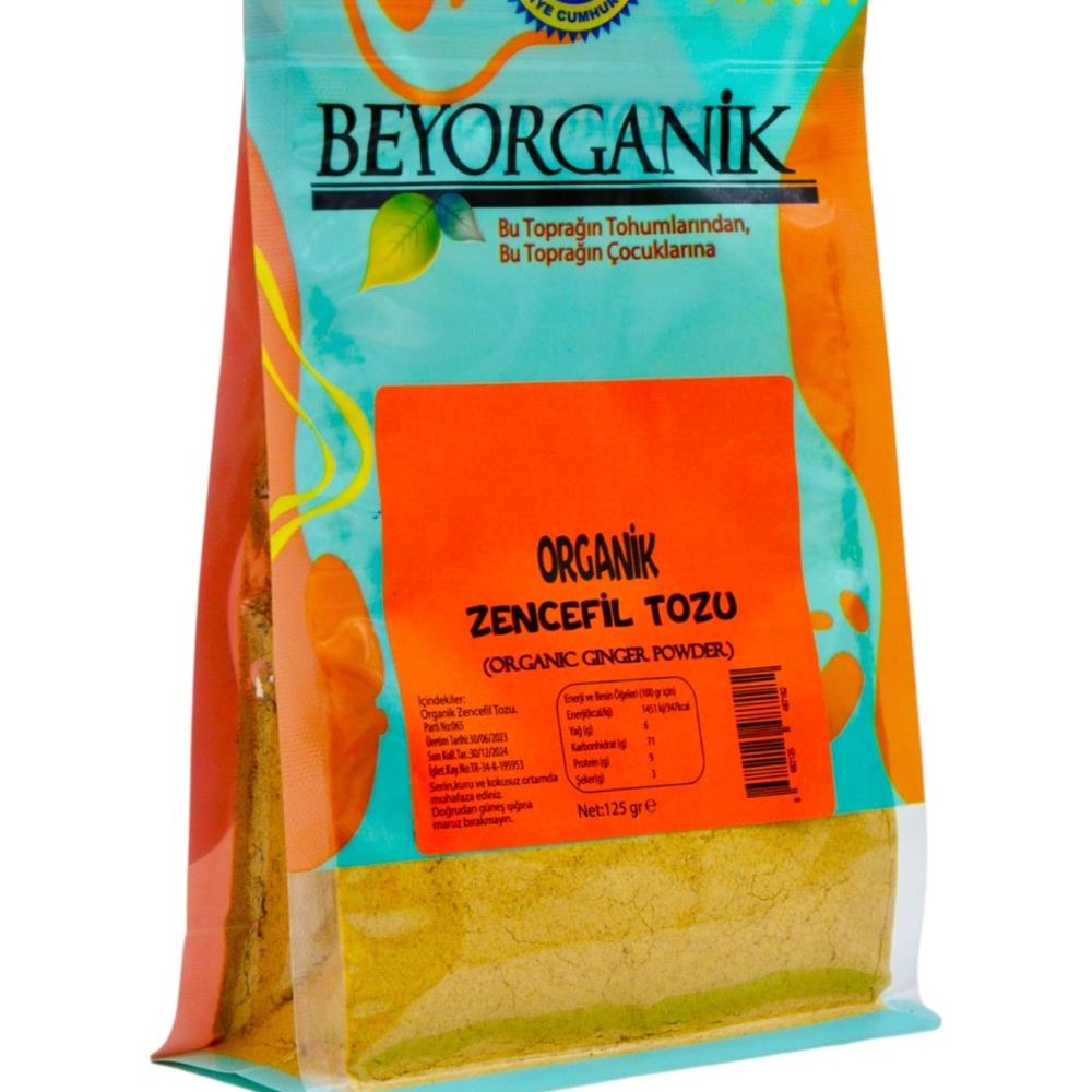 Organik Zencefil Tozu 125gr – %100 organik zencefil kökünden üretilmiş, katkısız ve doğal baharat, çay ve yemekler için ideal