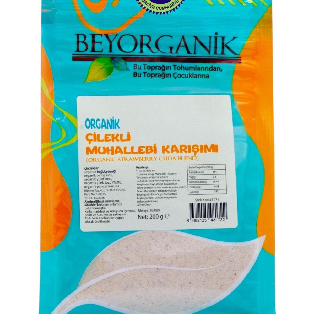 Organik Çilekli Muhallebi Karışımı 200gr +12ay (PESTİSİT VE AFLATOKSİN ANALİZLİ)