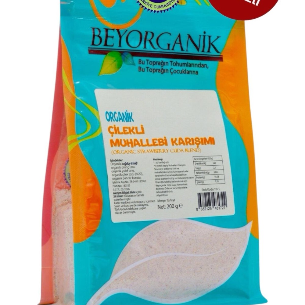 Organik Çilekli Muhallebi Karışımı 200gr +12ay (PESTİSİT VE AFLATOKSİN ANALİZLİ)