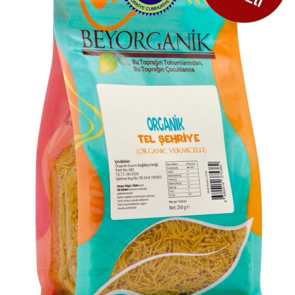 Organik Tel Şehriye 250gr – %100 organik buğdaydan üretilmiş, katkısız ve doğal tel şehriye, çorbalar için ideal