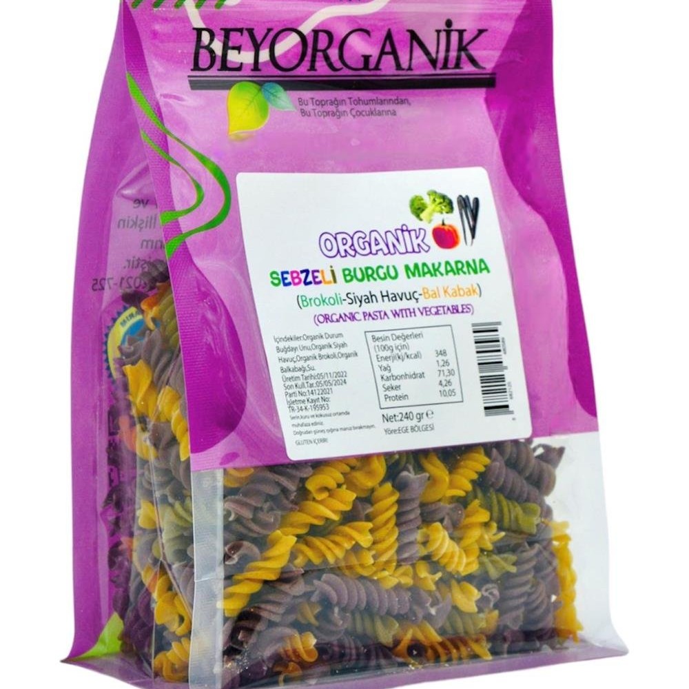 Katkısız, koruyucu içermeyen ve sofralarınıza renk katan organik sebzeli burgu makarna