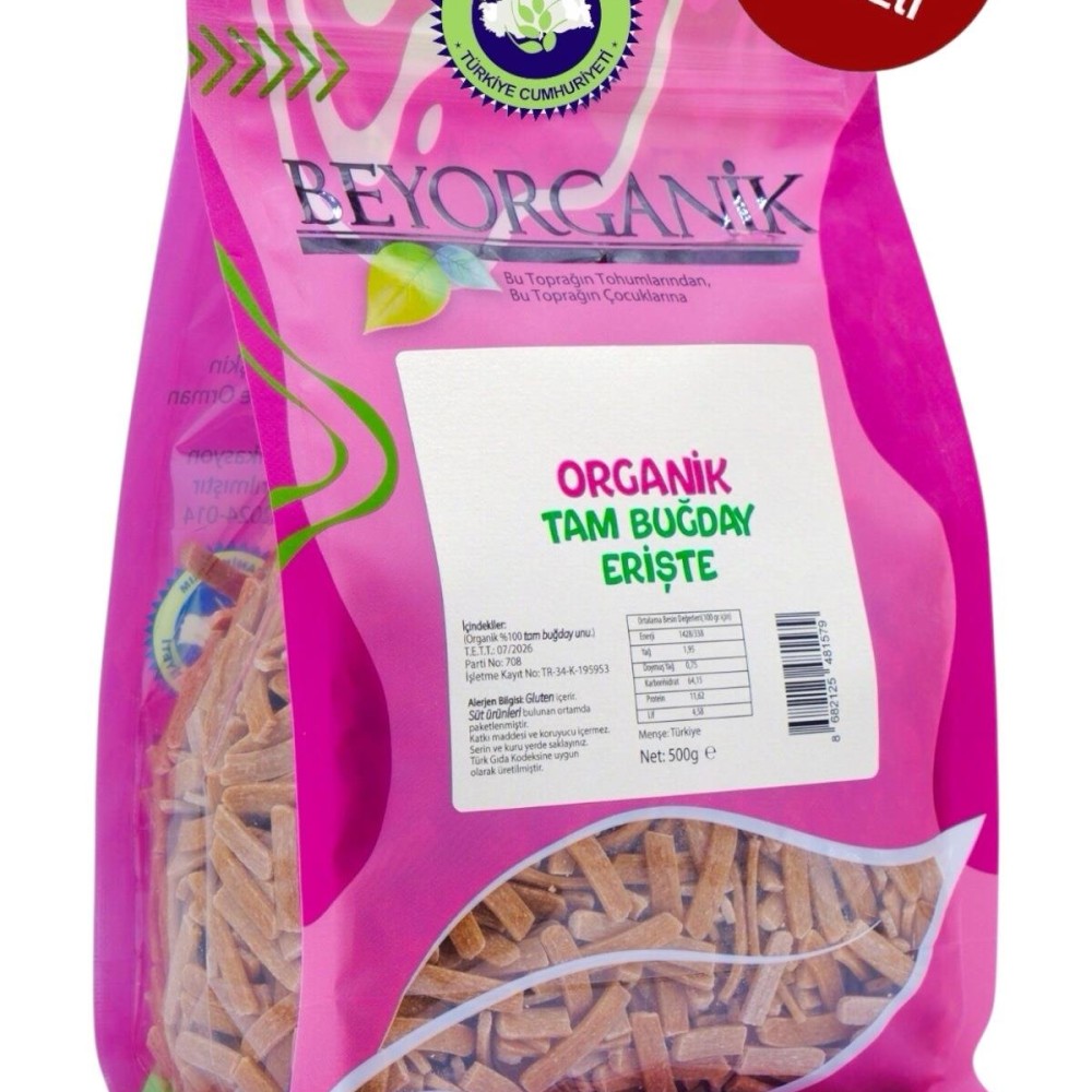 Katkısız, koruyucu içermeyen ve geleneksel sofralar için ideal organik tam buğday erişte