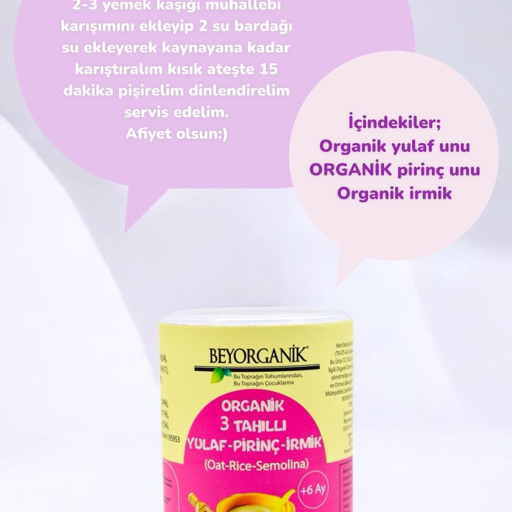 Organik 3 Tahıllı Yulaf Pirinç İrmik 350gr +6ay (PESTİSİT VE AFLATOKSİN ANALİZLİ)