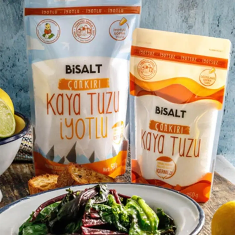 Bisalt Çankırı Kaya Tuzu İnce İyotlu 500gr – Anadolu’dan elde edilen, katkısız ve doğal ince taneli iyotlu tuz, sofralar için ideal
