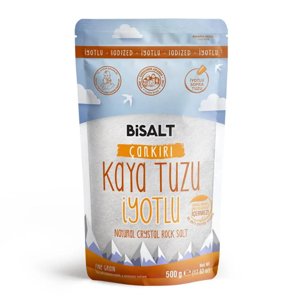 Bisalt Çankırı Kaya Tuzu İnce İyotlu 500gr – Anadolu’dan elde edilen, katkısız ve doğal ince taneli iyotlu tuz, sofralar için ideal