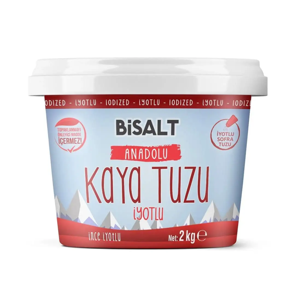 Bisalt Anadolu Kaya Tuzu İnce İyotlu 2kg – Anadolu’dan elde edilen, katkısız ve doğal ince taneli iyotlu tuz, sofralar için ideal