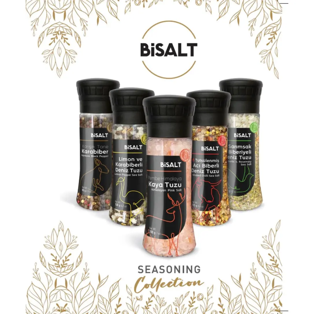 Bisalt Tütsülenmiş Acı Biberli Deniz Tuzu Değirmen 125gr – Doğal deniz tuzu, tütsülenmiş acı biber ile harmanlanmış aromatik tuz