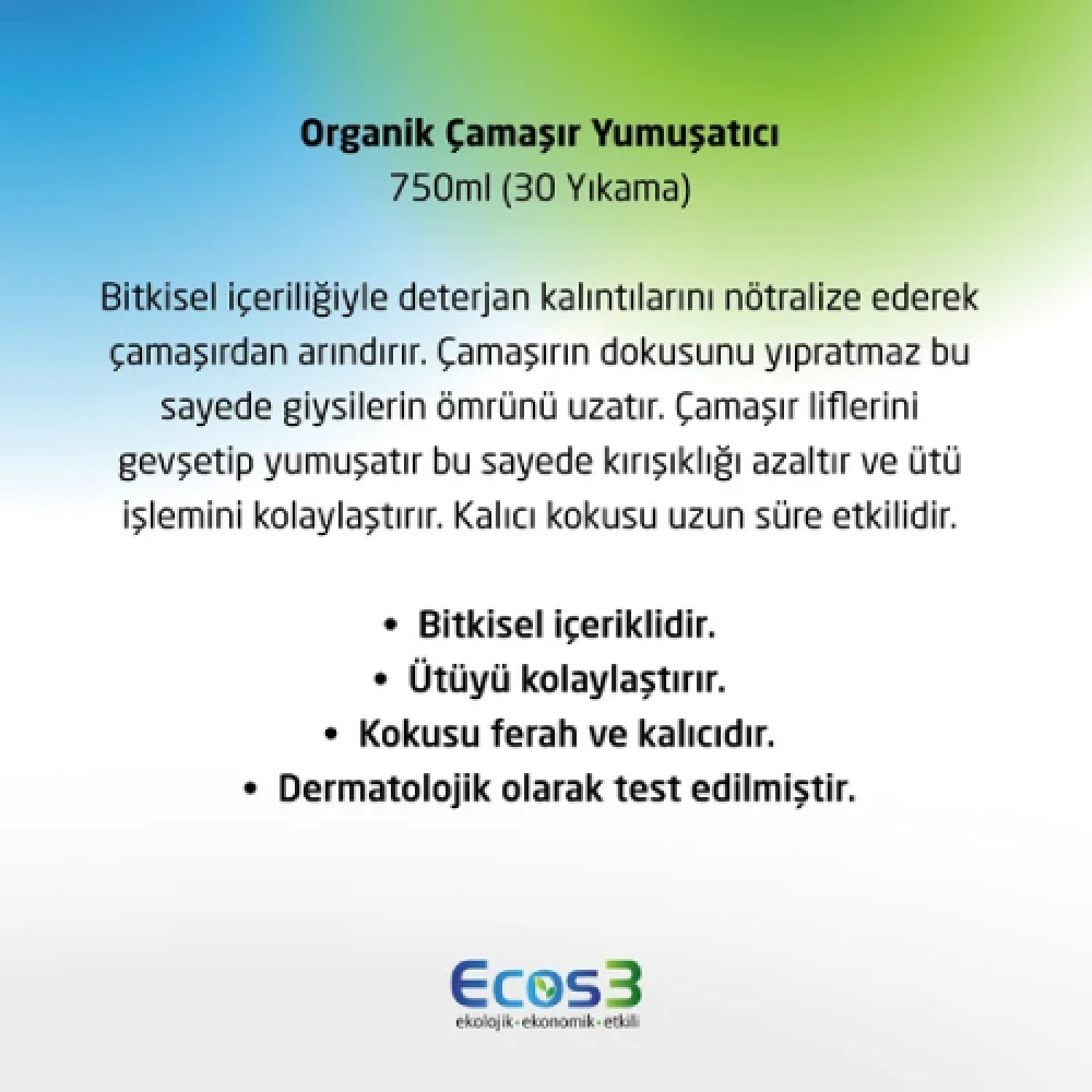 Organik Çamaşır Yumuşatıcı 750ml – Doğal, katkısız ve hassas ciltler için güvenli yumuşatıcı ürün
