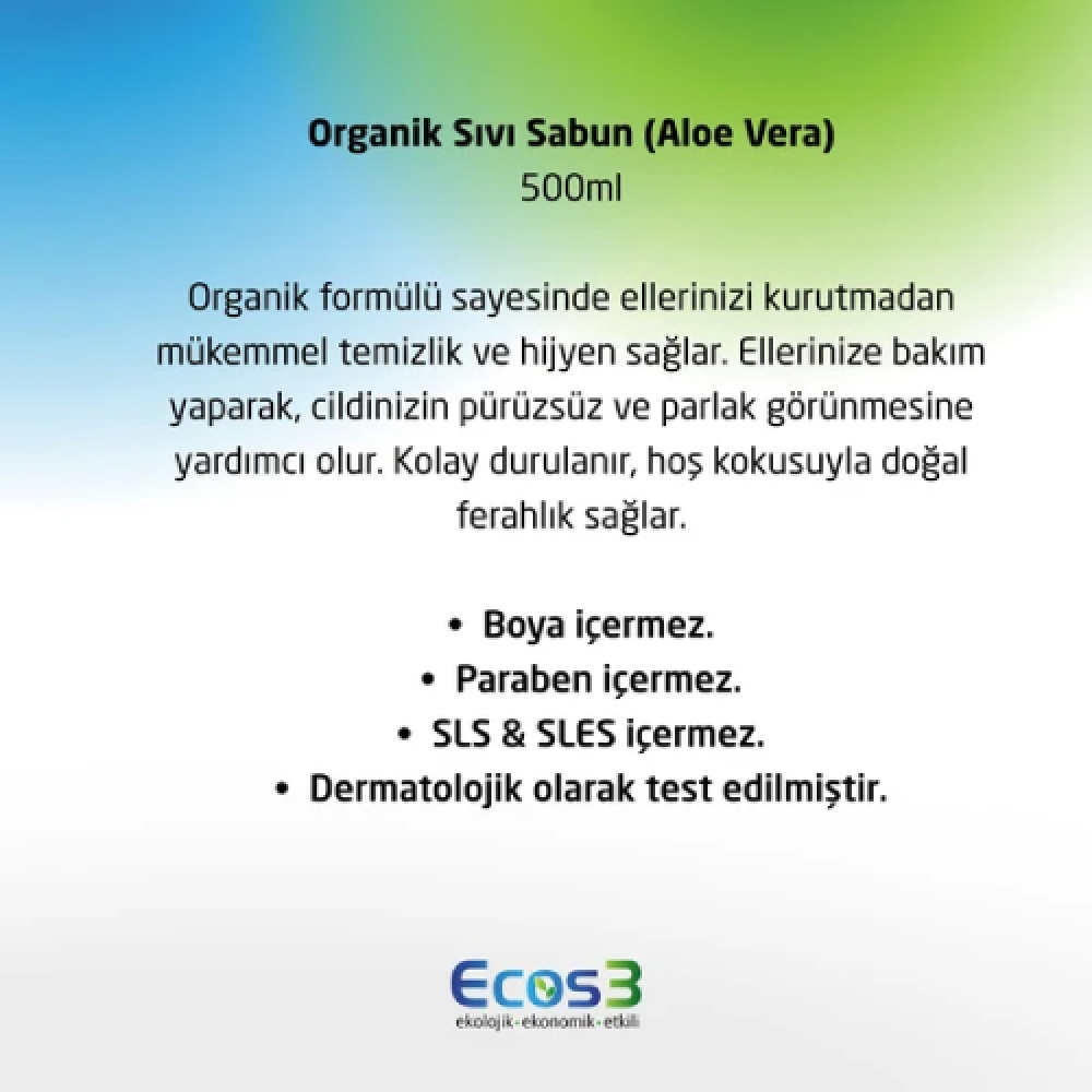 Ecos3 Organik Sıvı Sabun Aloe Vera 500ml – Doğal, katkısız ve hassas ciltler için güvenli sıvı sabun