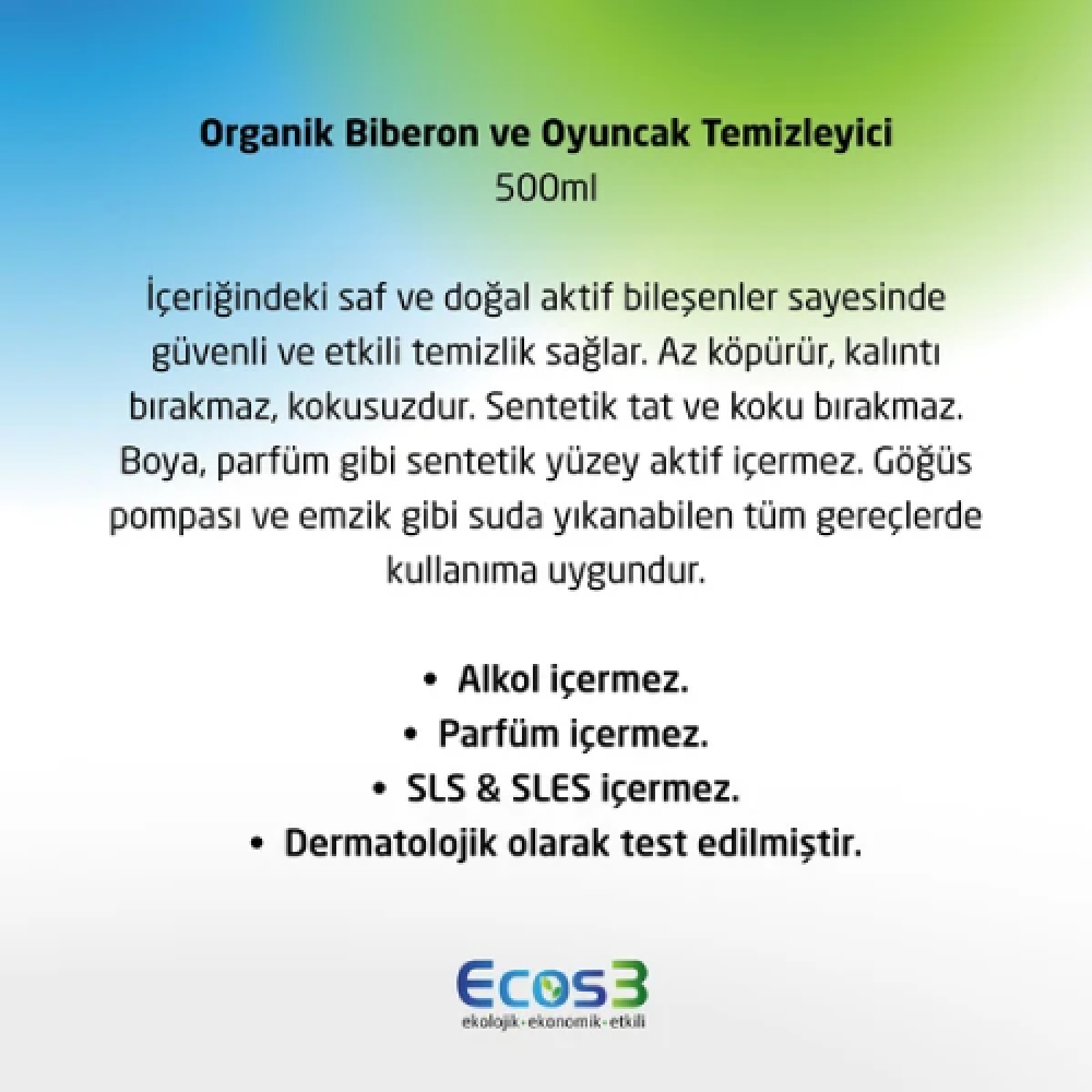 Ecos3 Organik Biberon ve Oyuncak Temizleyici 500ml – Doğal, vegan ve hassas ciltler için güvenli ürün