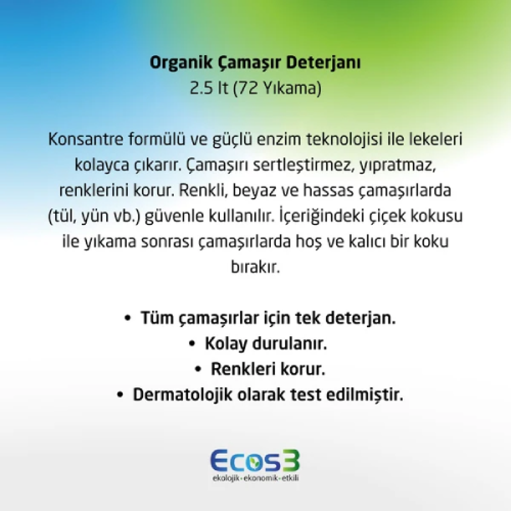 Ecos3 Organik Sıvı Çamaşır Deterjanı 2.5lt – Doğal, katkısız ve çevre dostu güçlü temizlik ürünü
