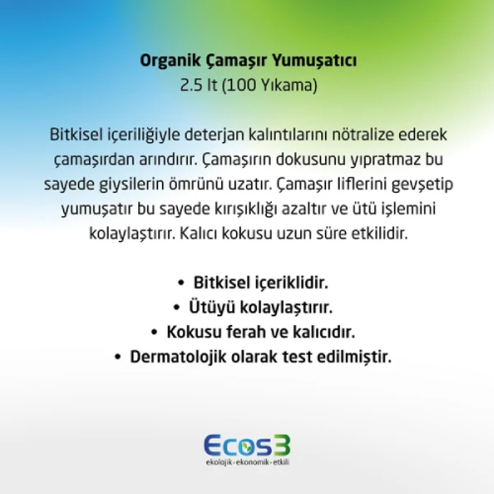 Organik Çamaşır Yumuşatıcı 2.5lt – Doğal, katkısız ve hassas ciltler için güvenli yumuşatıcı ürün