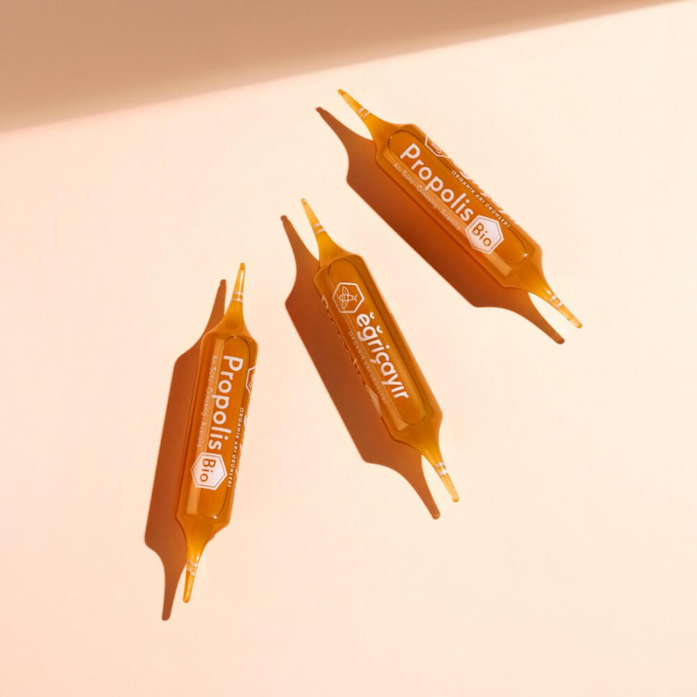Organik propolis ampul 15 ml tek kullanımlık cam şişe, arı sütü ve ginseng özlü takviye edici gıda