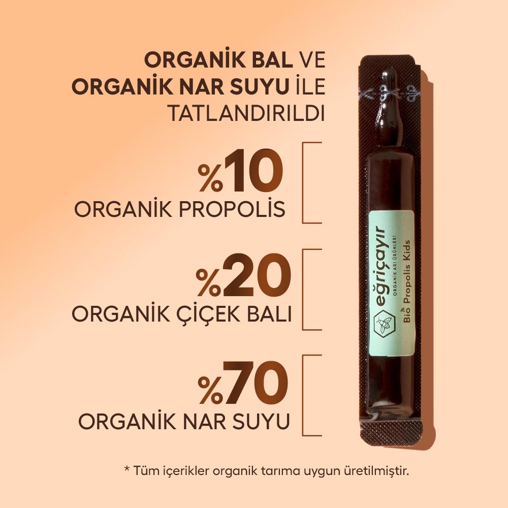 Çocuklar için organik propolis ampul 10 ml, nar suyu ve ballı, şekersiz takviye edici gıda
