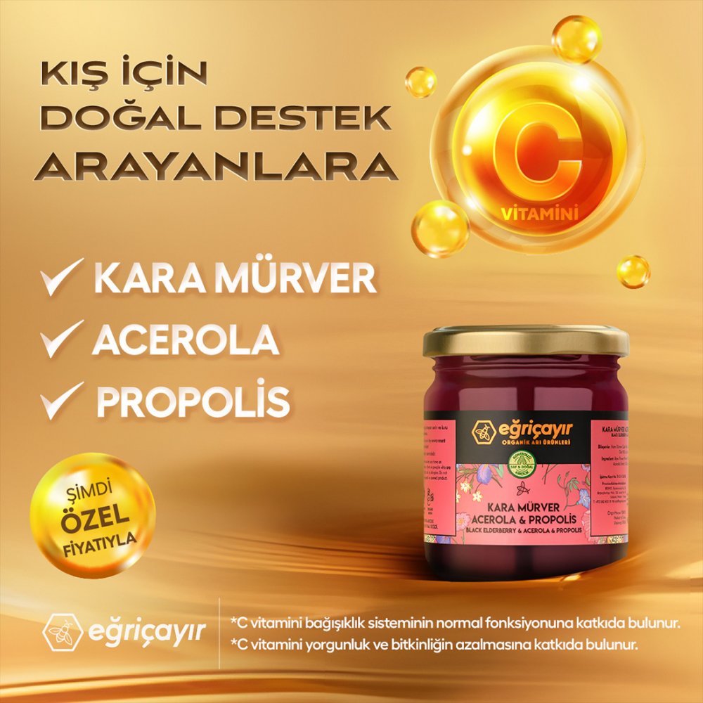 Eğriçayır Kara Mürver Acerola Propolis Ham Bal 225 g doğal C vitamini takviyesi ve bağışıklık destek ürünü