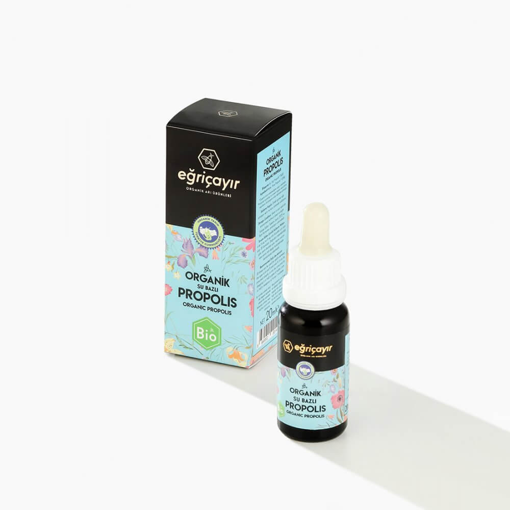 Alkolsüz organik propolis damla 20 ml cam şişe, %33 ham propolis su bazlı takviye edici gıda
