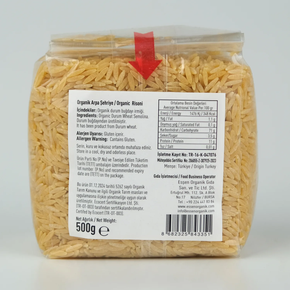 Organik arpa şehriye 500 gr paket, ECOCERT sertifikalı katkısız vegan
