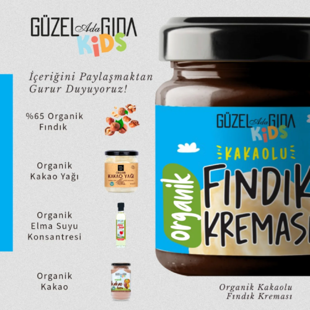 Kids organik kakaolu fındık kreması 200 gr %66 fındıklı cam kavanoz