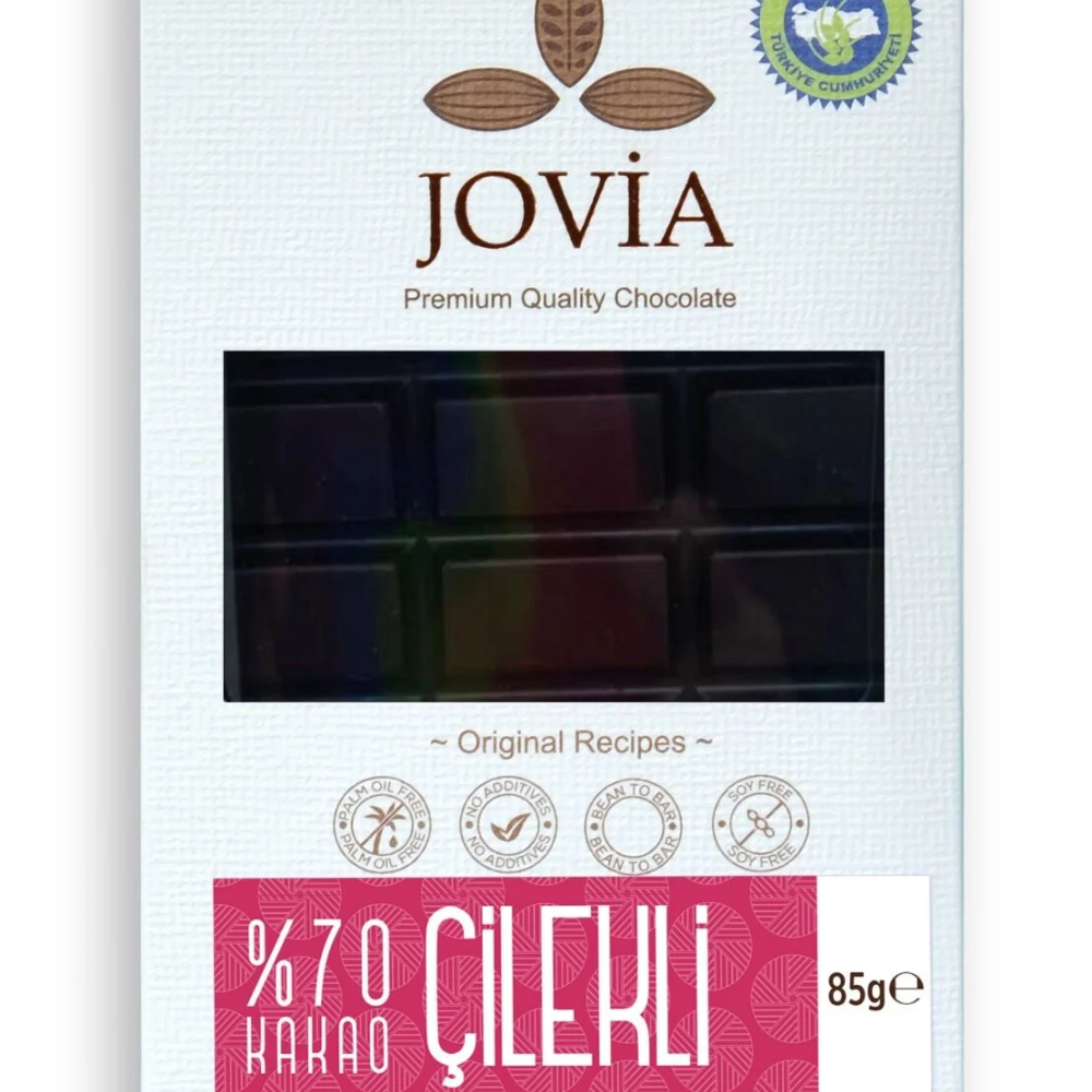 %70 bitter çikolatalı çilekli organik çikolata, freeze dry çilekli vegan bitter