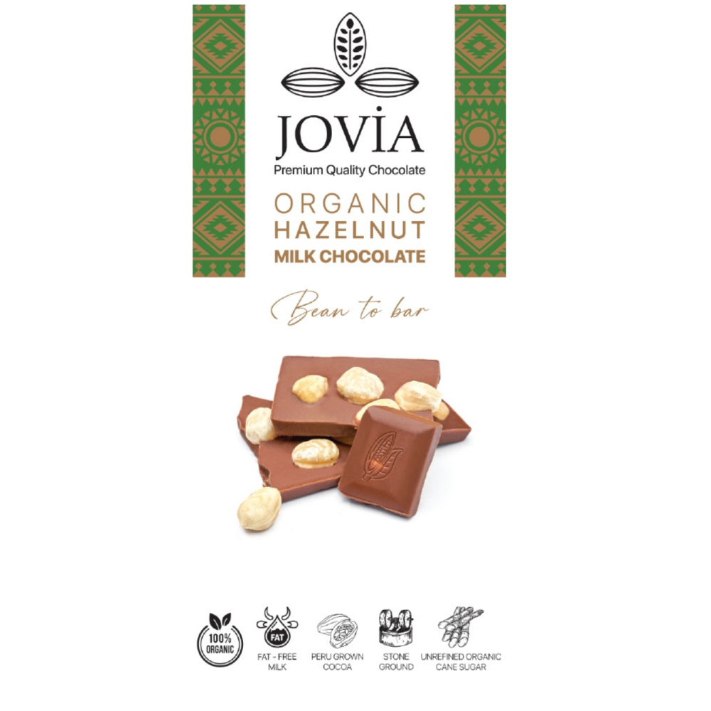 Jovia organik fındıklı sütlü çikolata, bol fındık parçacıklı temiz içerikli sütlü çikolata