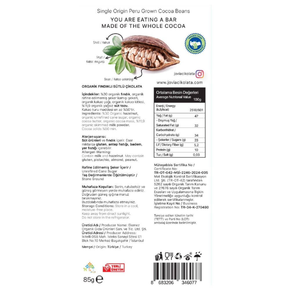 Jovia organik fındıklı sütlü çikolata, bol fındık parçacıklı temiz içerikli sütlü çikolata