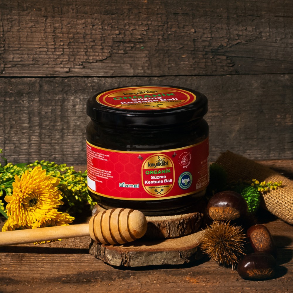 Organik süzme kestane balı 400 gr cam kavanoz, sertifikalı ve temiz içerikli organik kestane balı