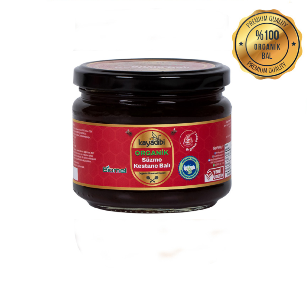 Organik süzme kestane balı 400 gr cam kavanoz, sertifikalı ve temiz içerikli organik kestane balı