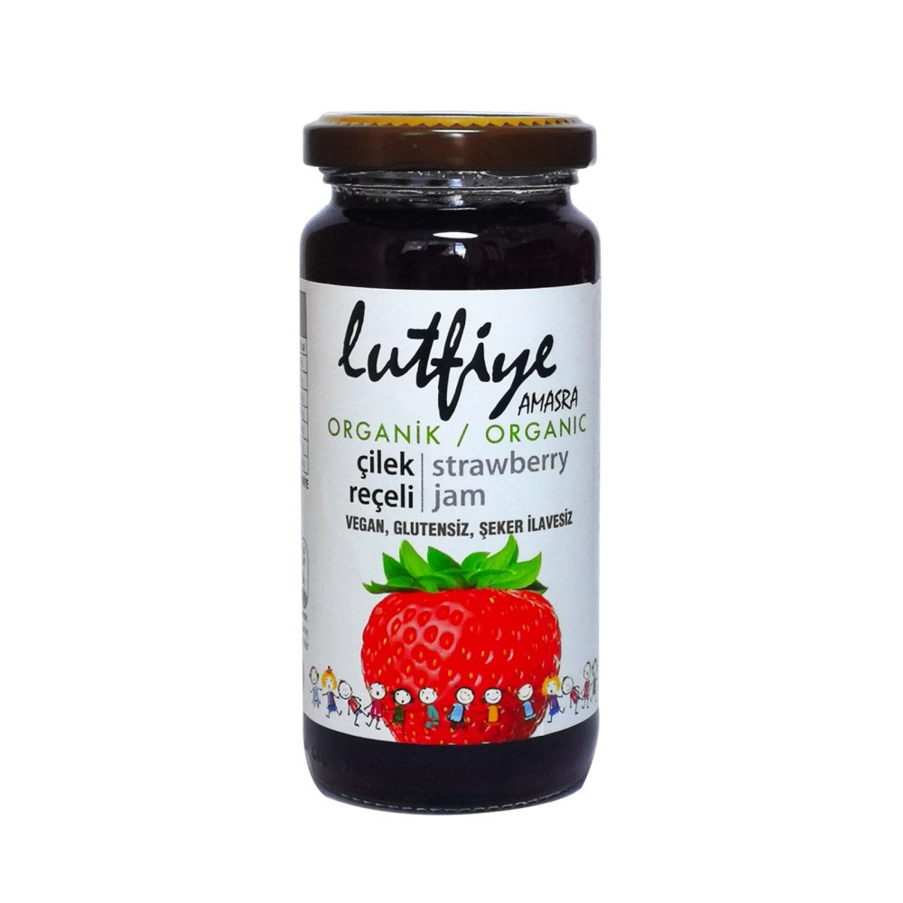 Lütfiye organik çilek reçeli 280 gr cam kavanoz, tane çilekli doğal organik reçel
