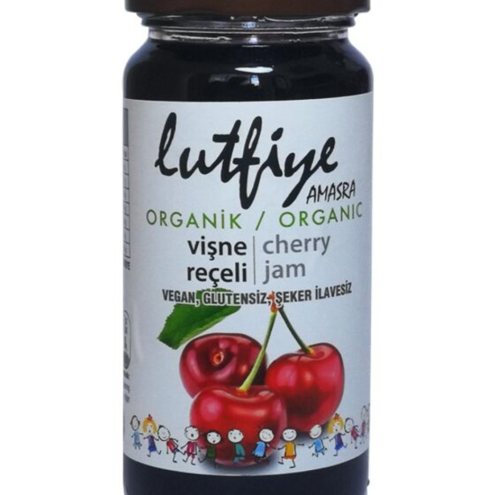 Lütfiye organik vişne reçeli 280 gr cam kavanoz, tane vişneli geleneksel organik reçel