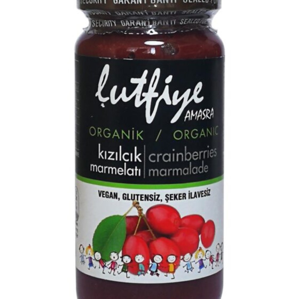 Lütfiye organik kızılcık marmelatı 280 gr cam kavanoz, doğal kiren marmelatı sertifikalı organik