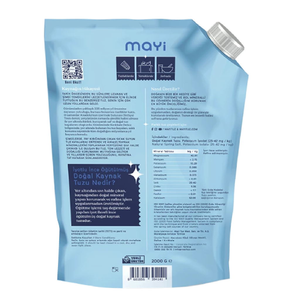 Mayi iyotlu ince kaynak tuzu 2 kg paket, rafine edilmemiş doğal kaynak tuzu