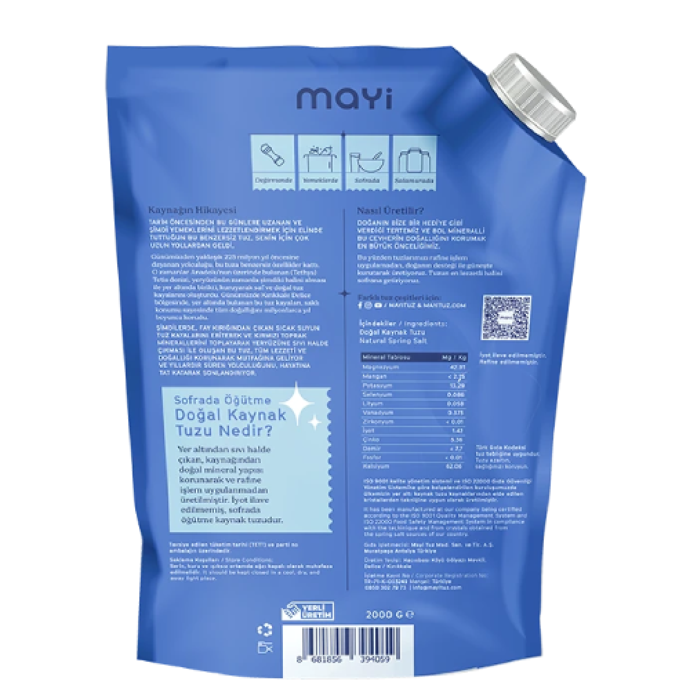 Mayi salamura ve öğütme tuzu 2 kg paket, iri kristalli doğal kaynak tuzu turşuluk