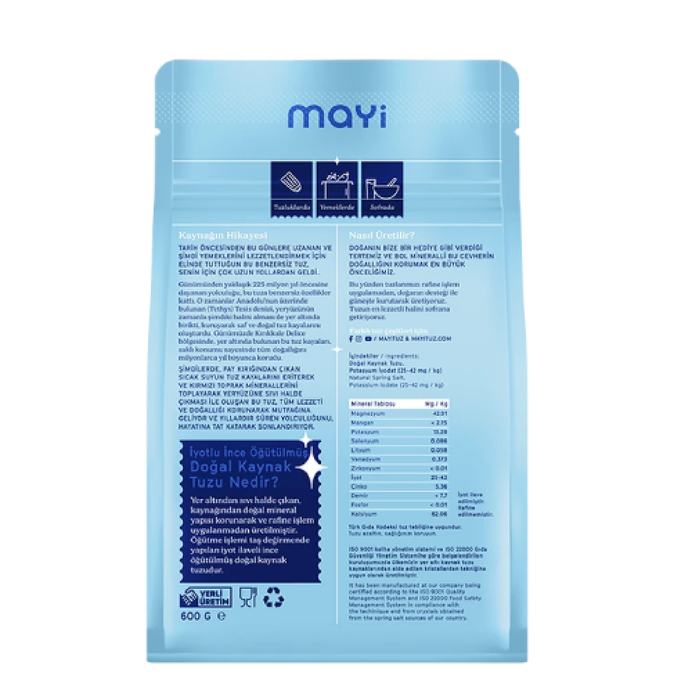 Mayi iyotlu ince kaynak tuzu 600 gr paket, rafine edilmemiş doğal ince sofra tuzu