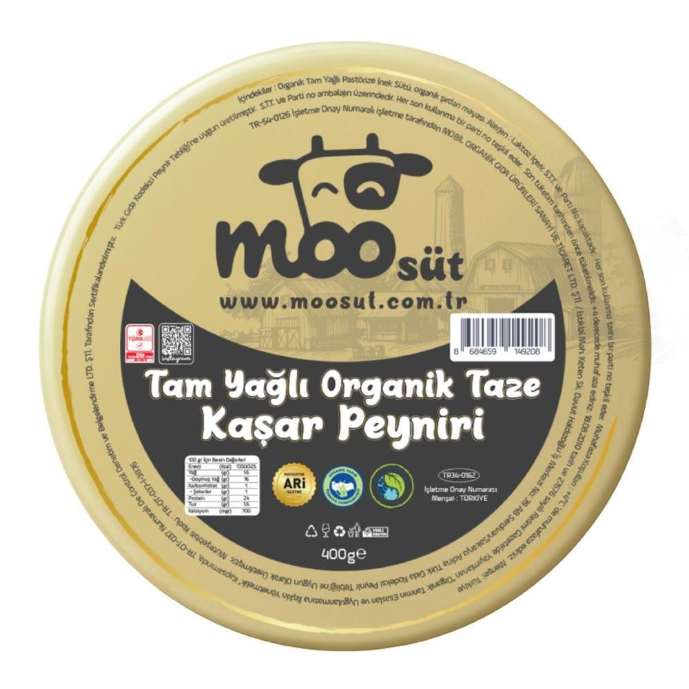 Moo organik kaşar peyniri 400 gr blok, sertifikalı doğal tam yağlı kaşar peyniri