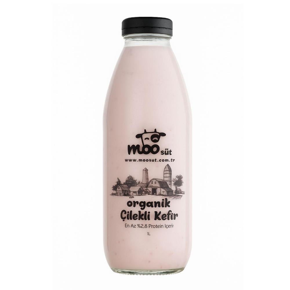 Moo organik çilekli kefir 1 litre şişe, sertifikalı doğal probiyotik kefir içeceği