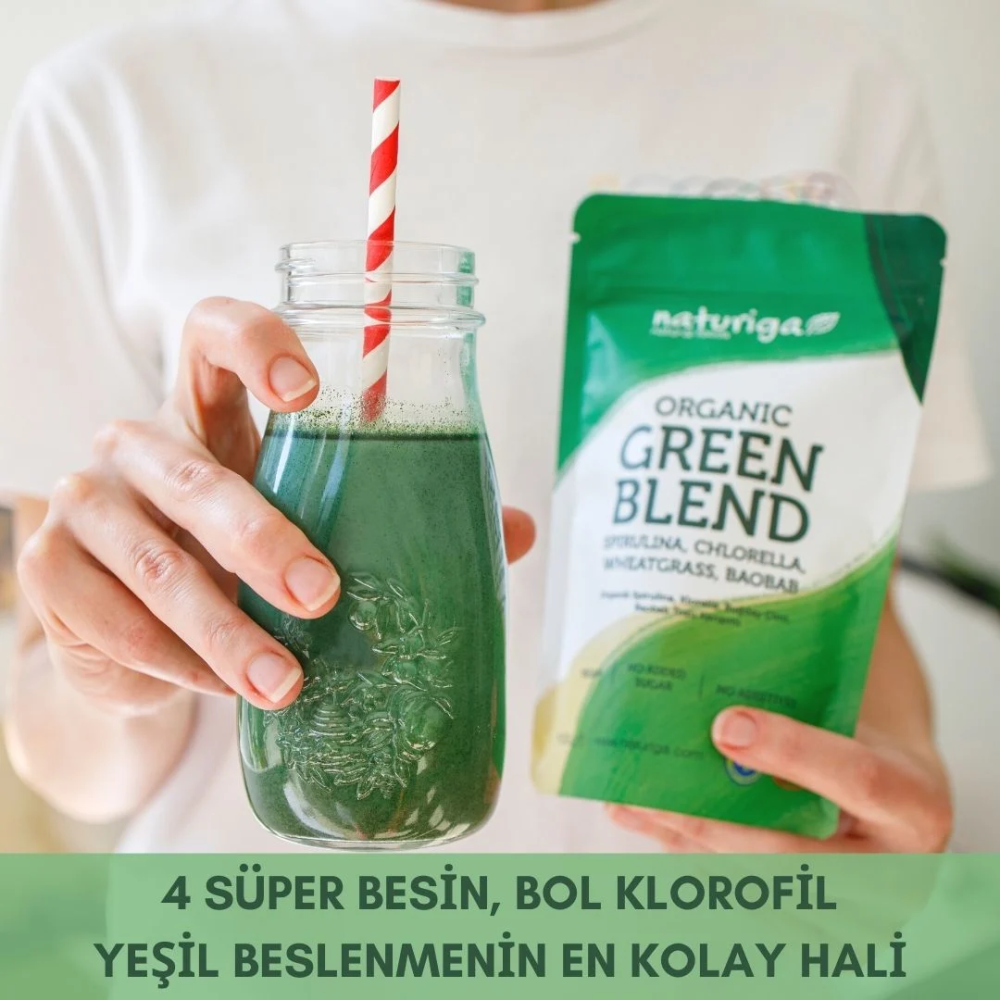 Naturiga organik yeşil karışım 100 gr paket, green blend spirulina klorella buğday arpa çimi tozu