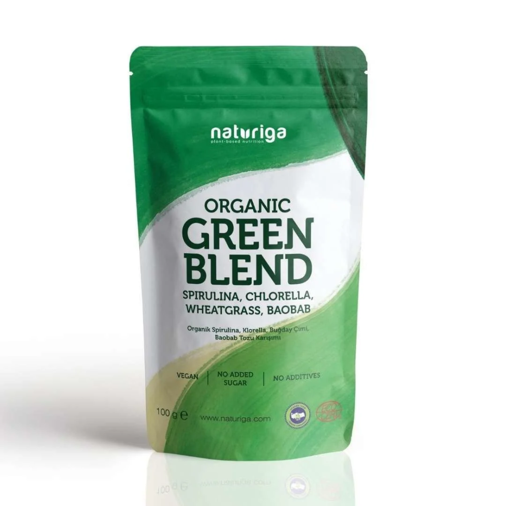 Naturiga organik yeşil karışım 100 gr paket, green blend spirulina klorella buğday arpa çimi tozu