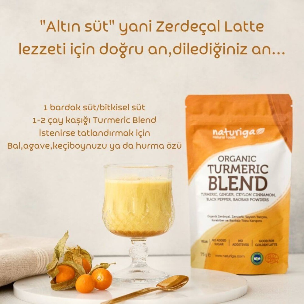 Naturiga organik zerdeçallı altın süt karışımı 100 gr paket, kurkumin zencefil karabiberli golden milk tozu