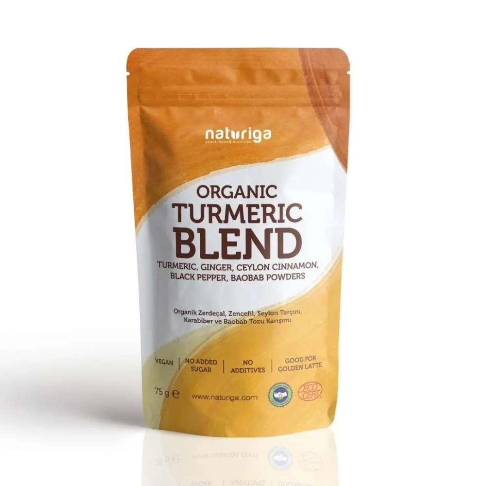 Naturiga organik zerdeçallı altın süt karışımı 100 gr paket, kurkumin zencefil karabiberli golden milk tozu