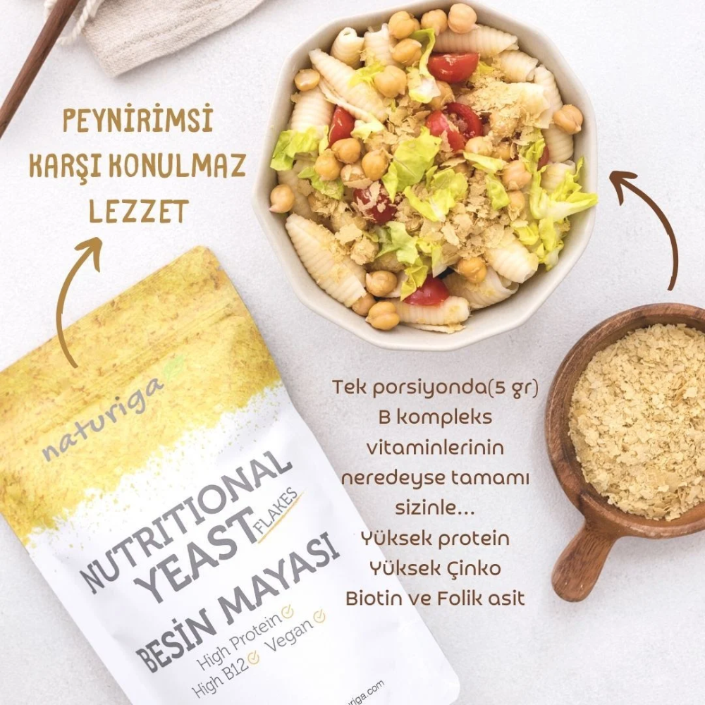 Naturiga besin mayası 100 gr paket, B12 vitaminli vegan peynir aromalı nutritional yeast flakes