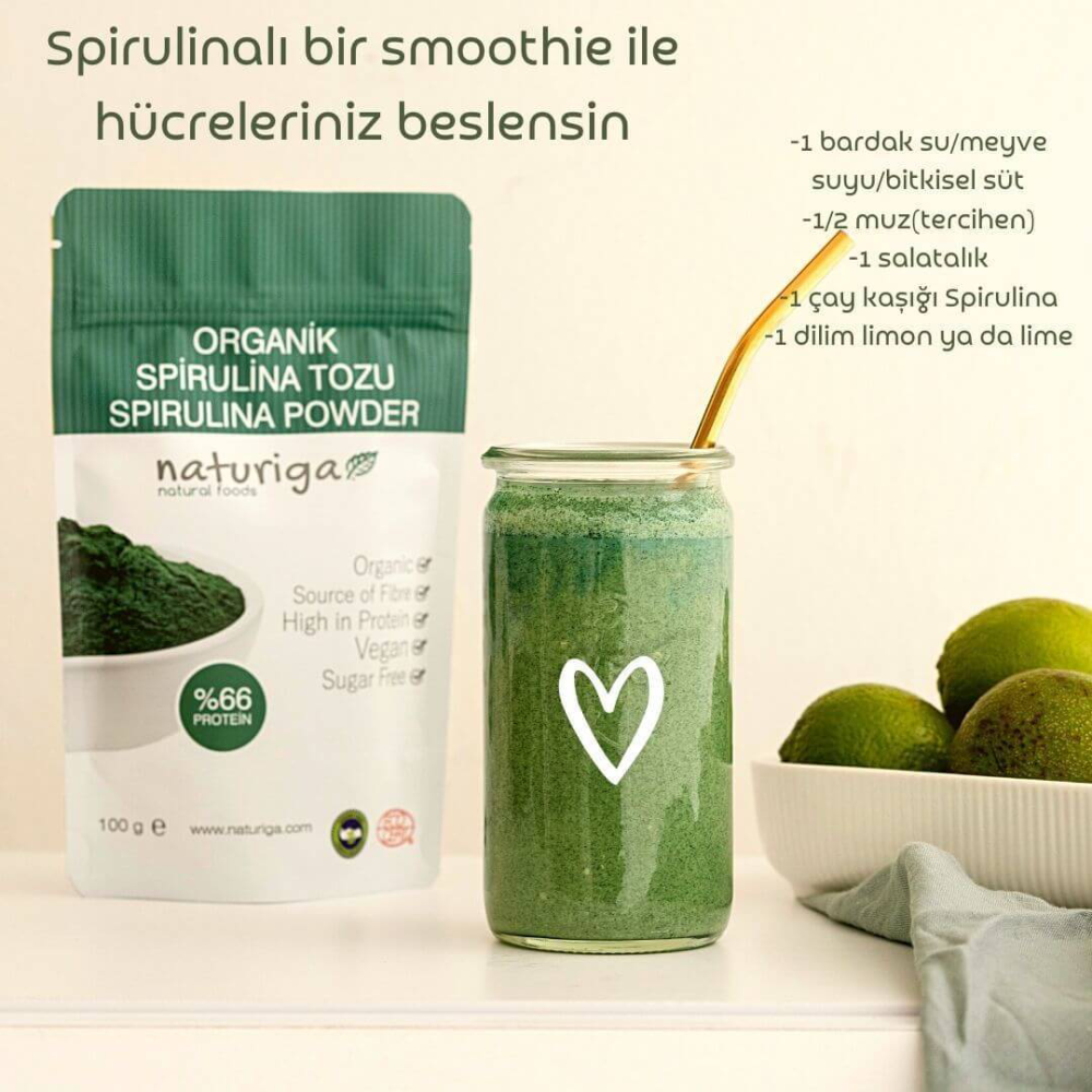 Naturiga organik spirulina tozu 100 gr paket, saf spirulina powder proteinli süper gıda