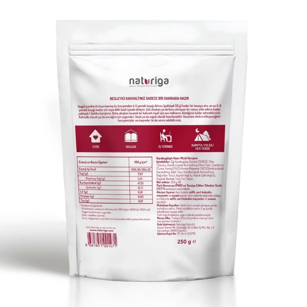 Naturiga berry meyveli hazır kahvaltı karışımı 250 gr paket, glütensiz yulaf chia dondurulmuş meyve karışımı