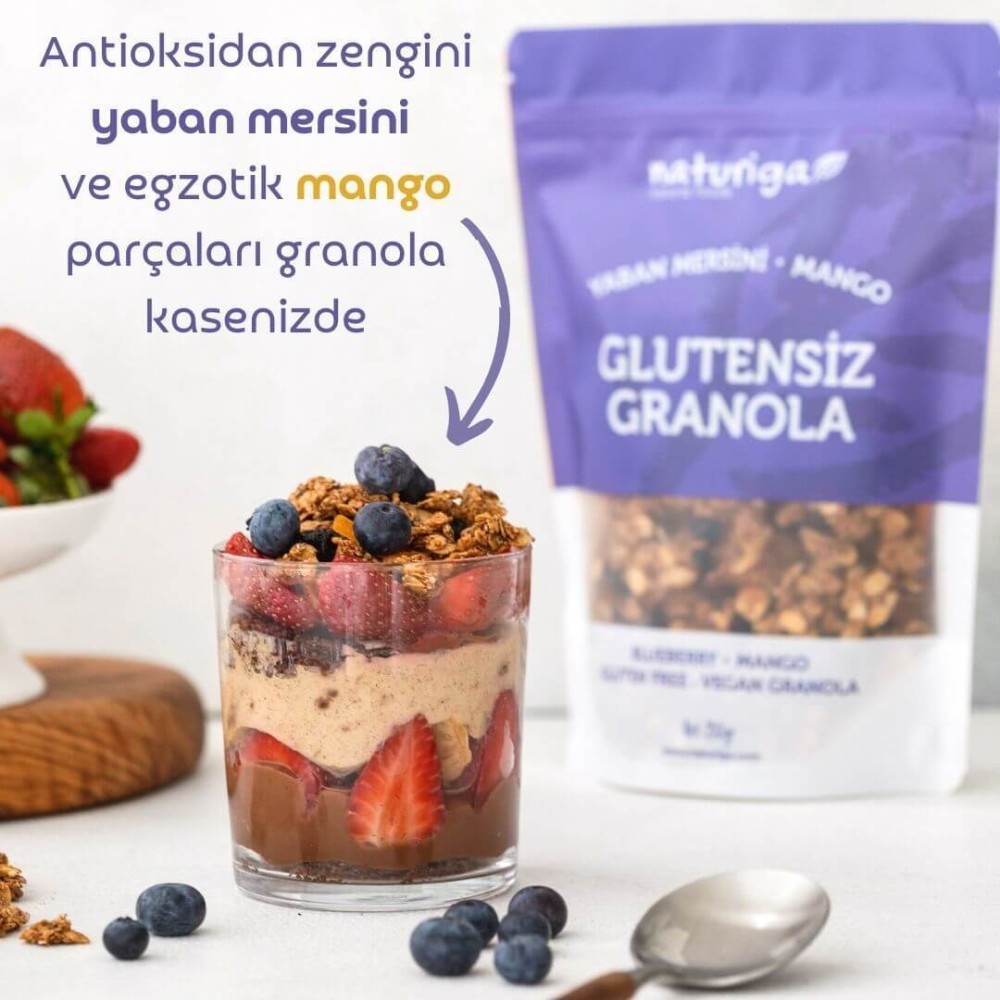 Naturiga yaban mersini mango granola 250 gr paket, dondurulmuş mango parçalı glutensiz vegan granola