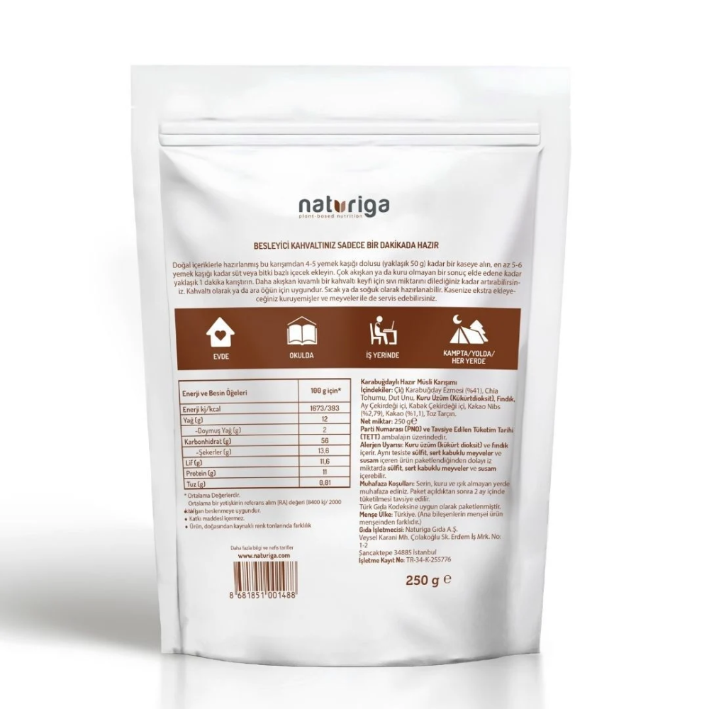 Naturiga kakaolu hazır kahvaltı karışımı 250 gr paket, glutensiz vegan kakaolu yulaf chia karışımı