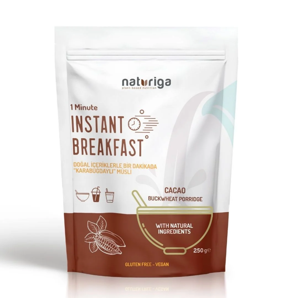 Naturiga kakaolu hazır kahvaltı karışımı 250 gr paket, glutensiz vegan kakaolu yulaf chia karışımı