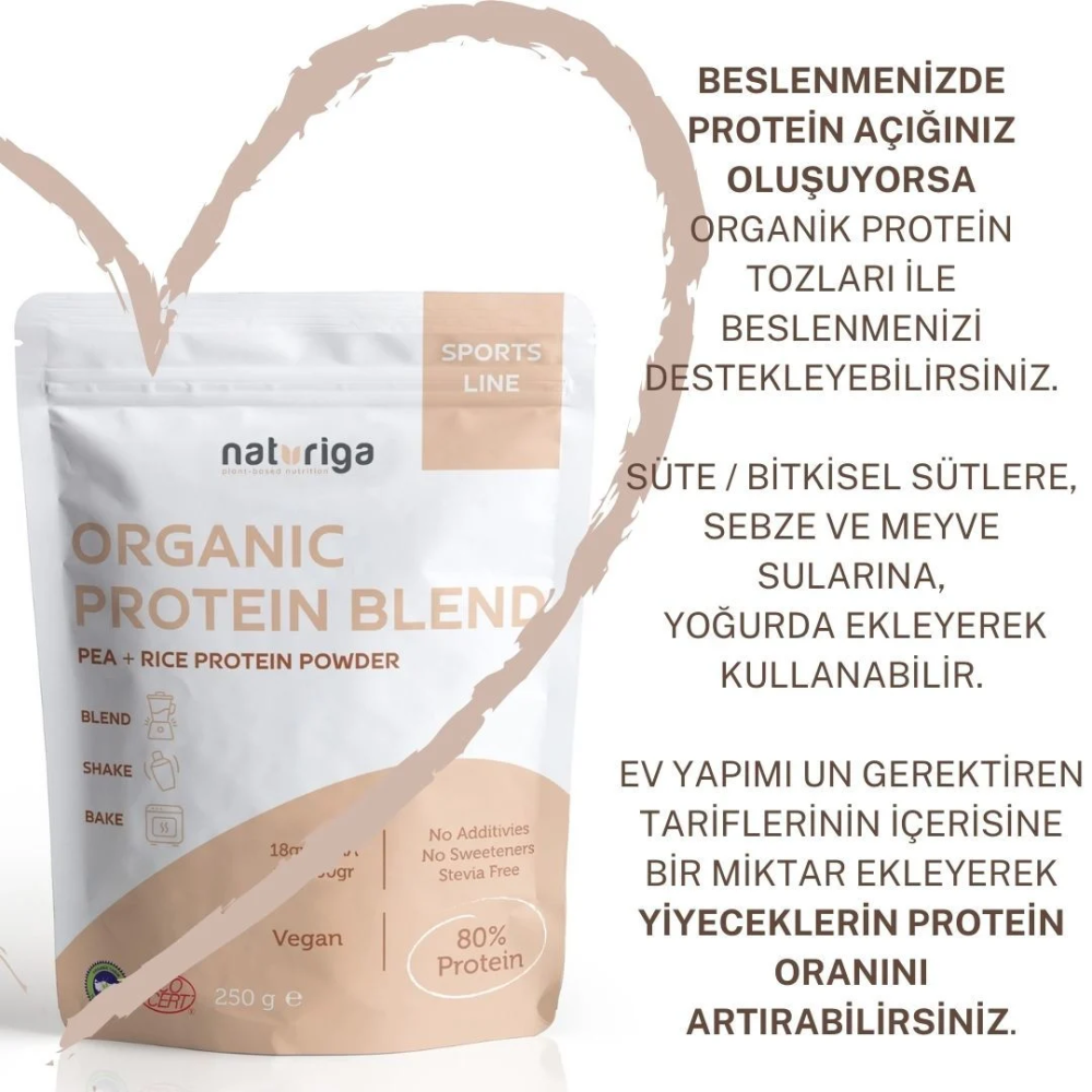 Naturiga organik protein karışımı 250 gr paket, vegan bezelye pirinç kenevir proteini tozu