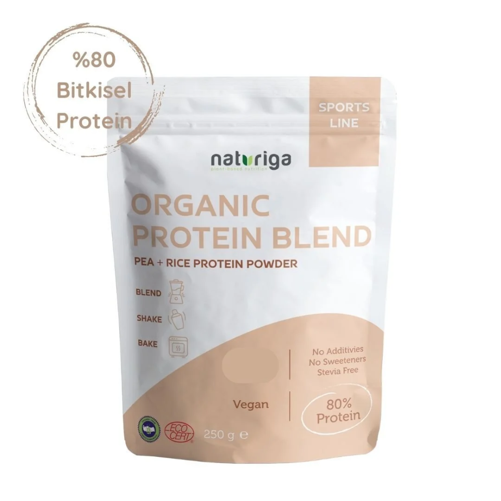 Naturiga organik protein karışımı 250 gr paket, vegan bezelye pirinç kenevir proteini tozu
