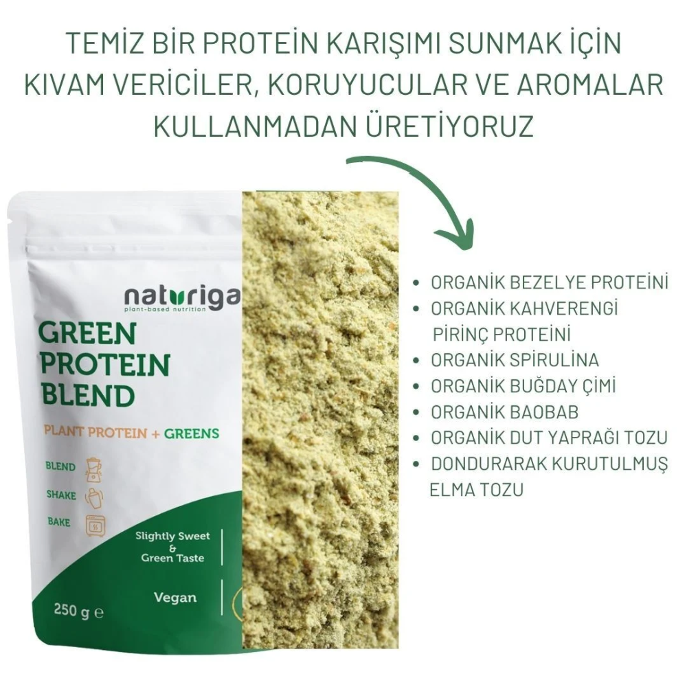 Naturiga yeşil protein karışımı 250 gr paket, green protein powder spirulina ve bezelye proteinli