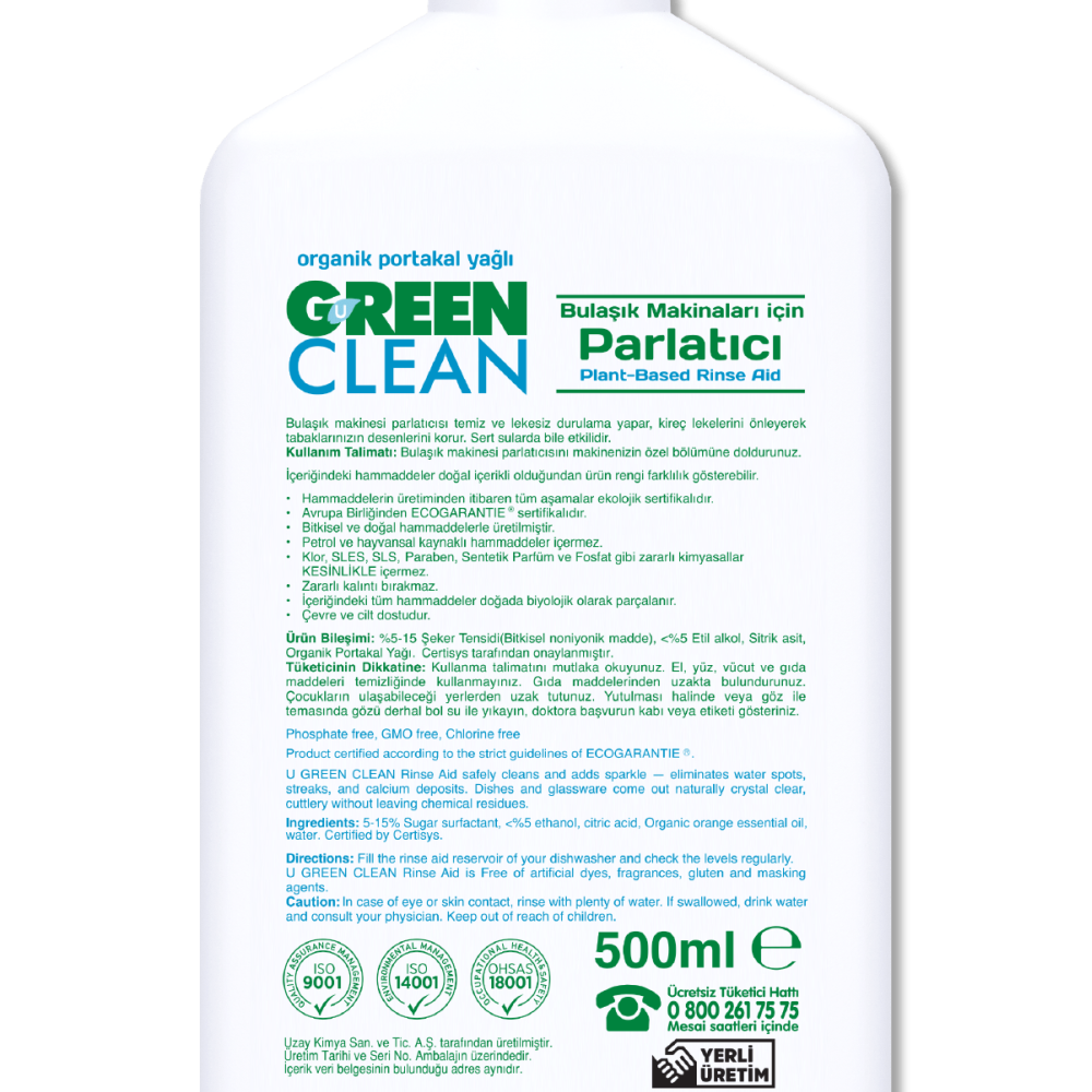 U Green Clean Bitkisel Bulaşık Makinesi Parlatıcı - 500 ml
