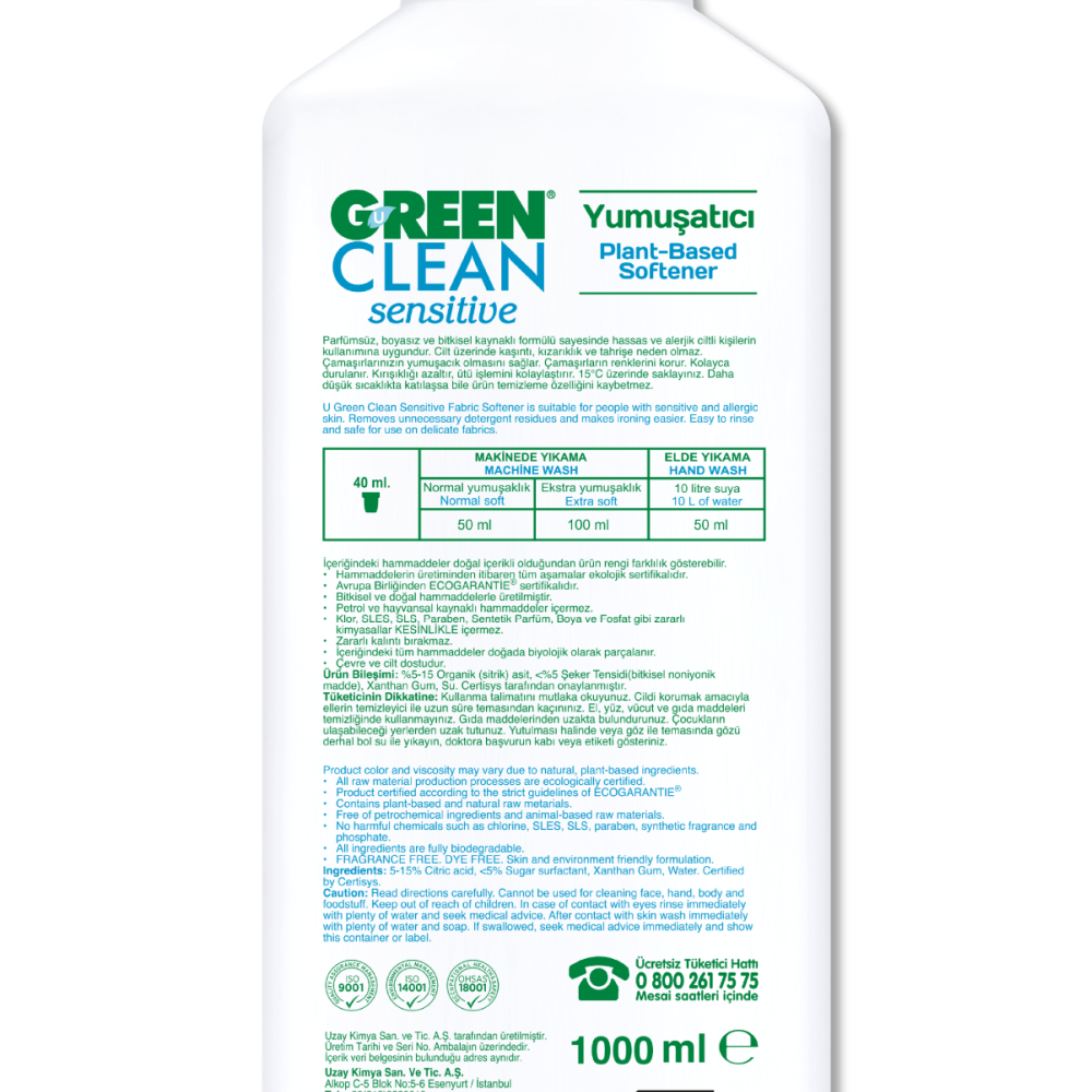 U Green Clean Sensitive Bitkisel Yumuşatıcı - 1 lt